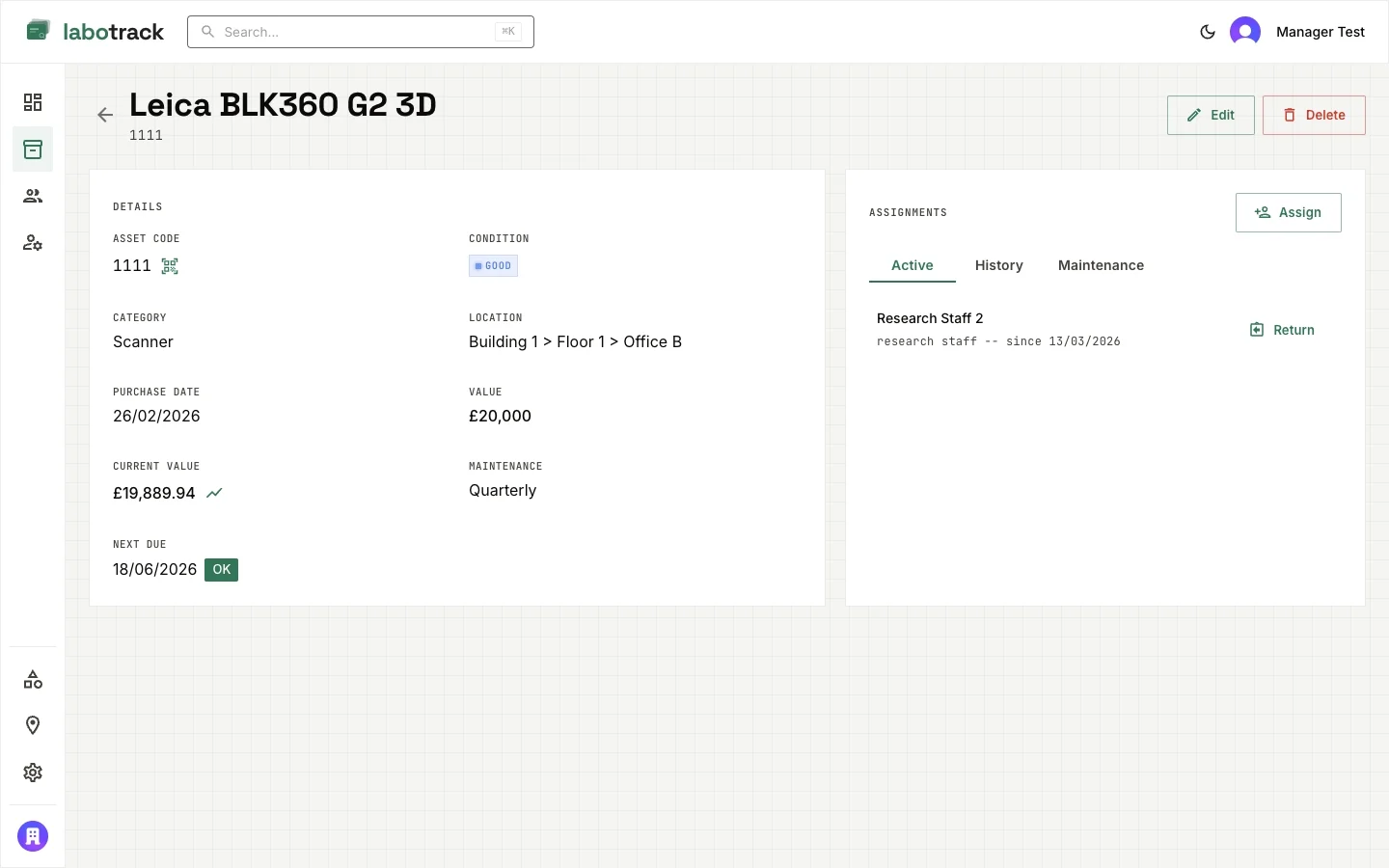 LaboTrack asset detail page showing asset code, condition, location, value, and assignment history
