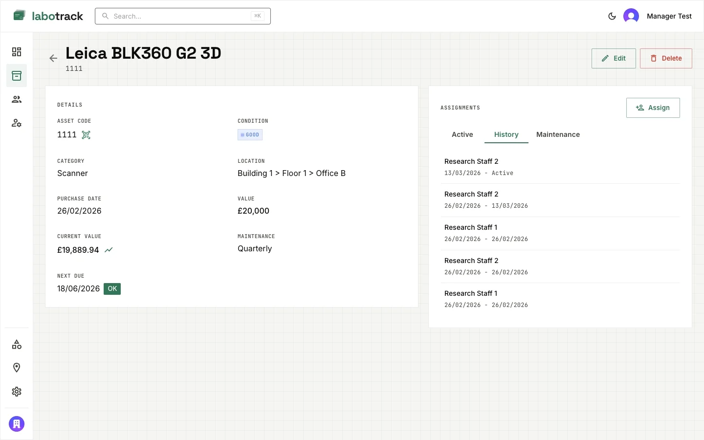LaboTrack asset assignment history showing timestamped assignment changes