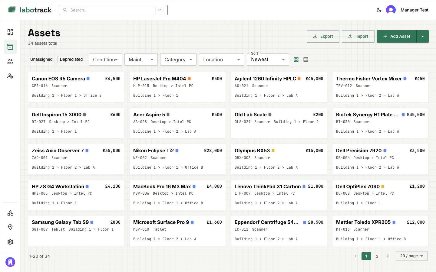 LaboTrack asset list with filters for condition, maintenance, category, and location